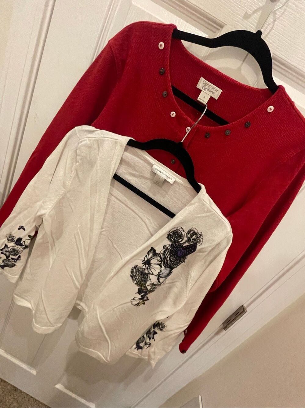 Christopher & Banks Women’s M 2-Piece Top Bundle Red Cardigan & Floral White Top